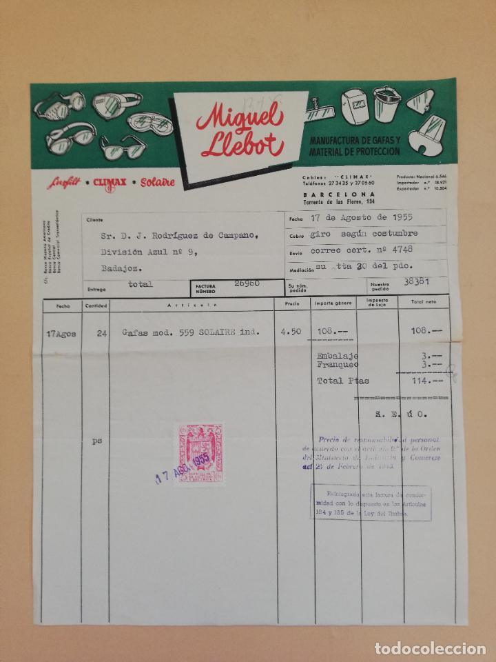 Alte Rechnungen: FACTURA. MANUFACTURAS DE GAFAS Y MATERIAL DE PROTECCION. MIGUEL LLEBOT. BARCELONA. 1955.