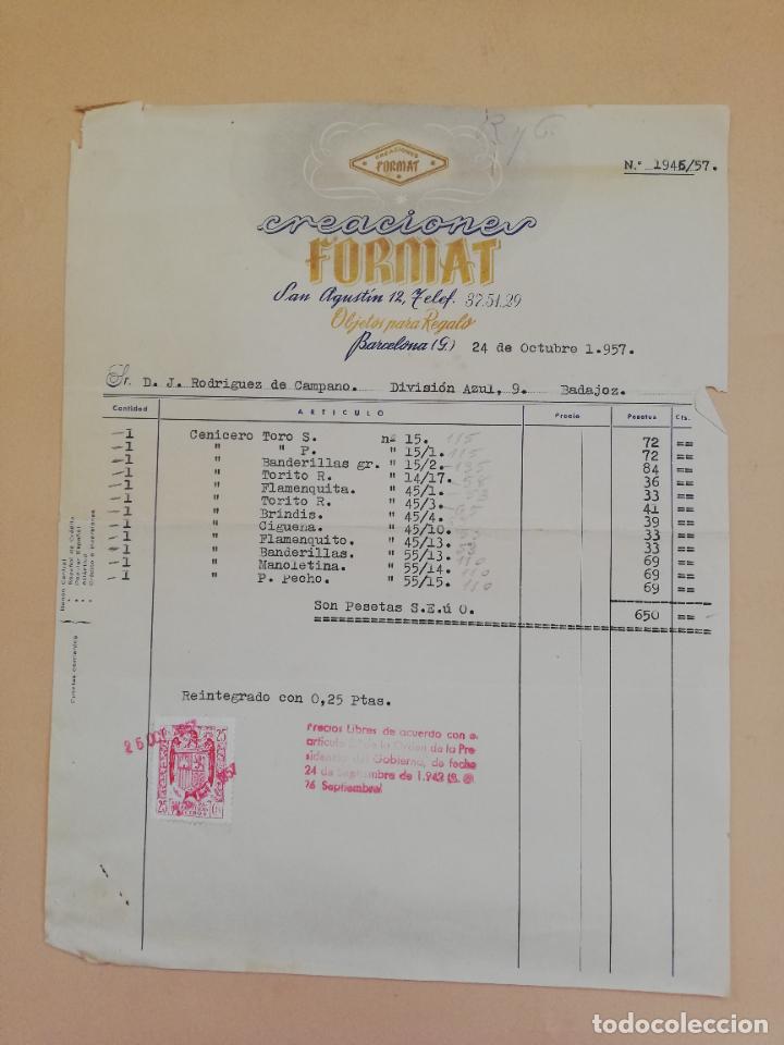 Alte Rechnungen: FACTURA. FORMAT. OBJETOS PARA REGALO. BARCELONA. 1957.