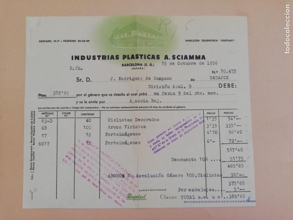Alte Rechnungen: FACTURA. INDUSTRIAS PLASTICAS A. SCIAMMA. BARCELONA. 1956.