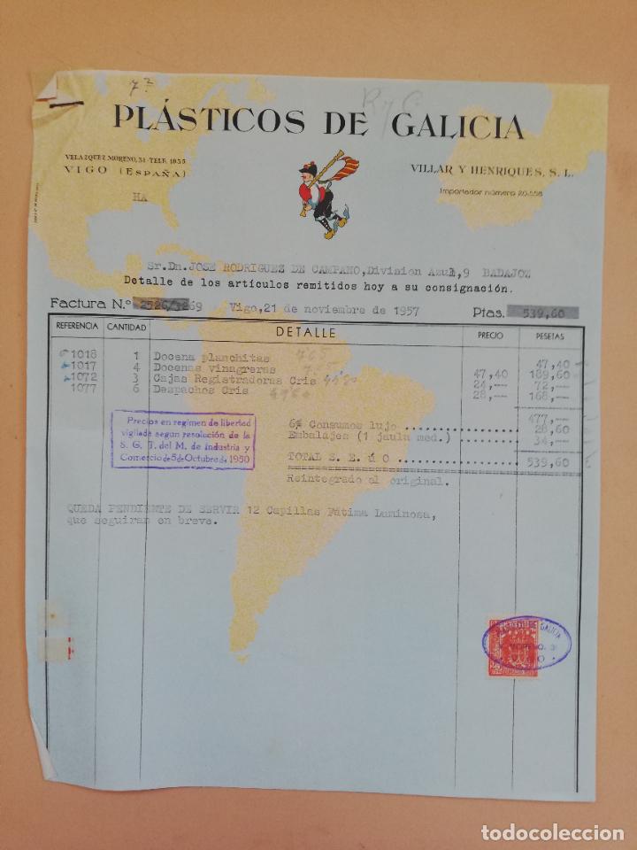 Alte Rechnungen: FACTURA. PLASTICOS DE GALICIA. VILLAR Y HENRIQUES S. L. VIGO. 1957.