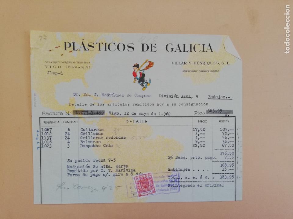 Alte Rechnungen: FACTURA. PLASTICOS DE GALICIA. VILLAR Y HENRIQUES S. L. VIGO. 1962.
