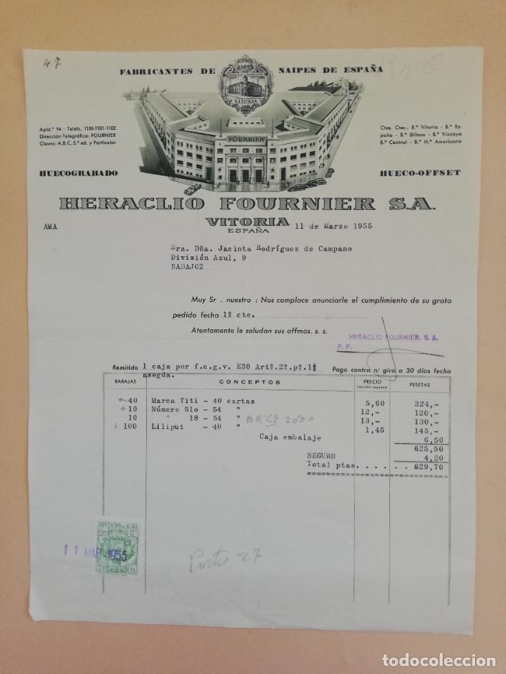 Alte Rechnungen: FACTURA. FABRICANTES DE NAIPES DE ESPA&Ntilde;A. HERACLIO FOURNIER, S. A. VITORIA. 1955.