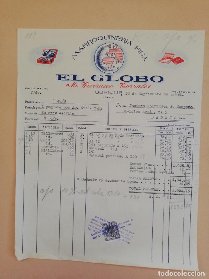 Alte Rechnungen: FACTURA. EL GLOBO. MARROQUINERIA FINA. M. CARRASCO CORRALES. UBRIQUE, CADIZ. 1991.
