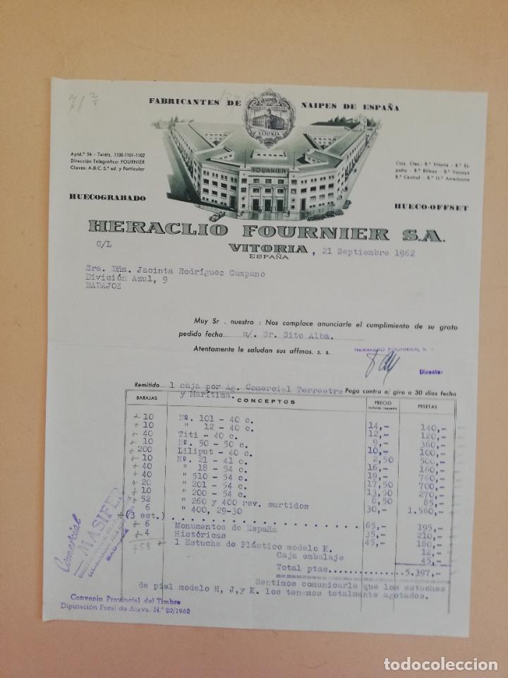 Alte Rechnungen: FACTURA. FABRICANTES DE NAIPES DE ESPA&Ntilde;A. HERACLIO FOURNIER, S. A. VITORIA. 1962.