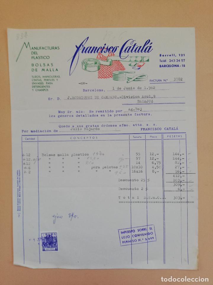 Alte Rechnungen: FACTURA. MANUFACTURAS DE PLASTICO. FRANCISCO CATALA. BARCELONA. 1962.
