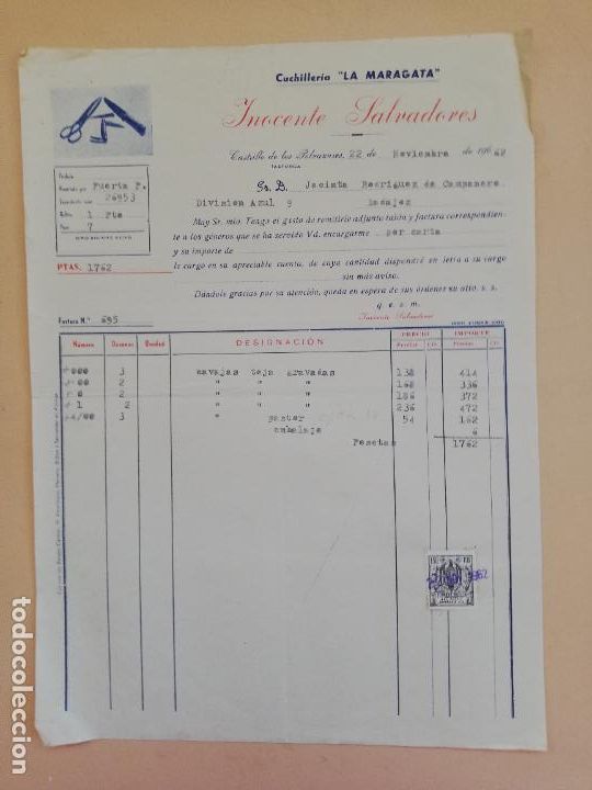Alte Rechnungen: FACTURA. CUCHILLERIA LA MARAGATA. INOCENTE SALVADORES. CASTRILLO DE LOS POLVAZARES, ASTORGA. 1962.