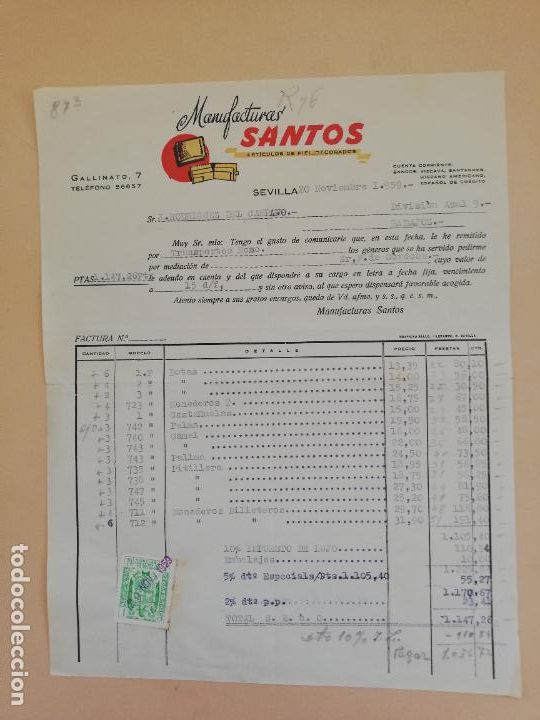 Alte Rechnungen: FACTURA. ARTICULOS DE PIEL DECORADOS. MANUFACTURAS SANTOS. SEVILLA. 1959.