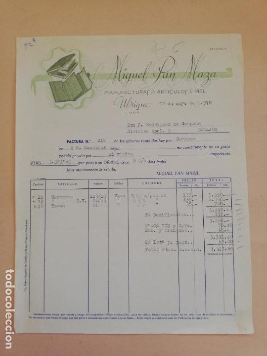 Alte Rechnungen: FACTURA. MIGUEL PAN MAZA. MANUFACTURAS DE ARTICULOS DE PIEL. UBRIQUE, CADIZ. 1970.
