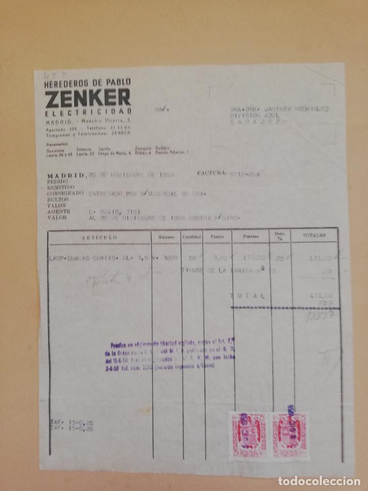Alte Rechnungen: FACTURA. ZENKER, ELECTRICIDAD. HEREDEROS DE PABLO. MADRID, 1958.