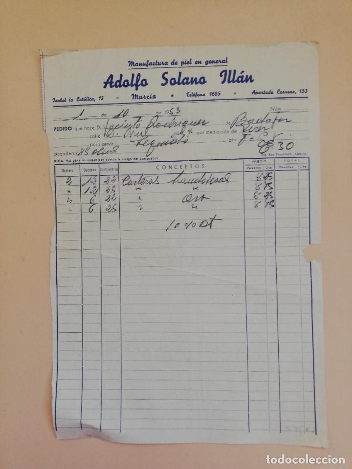 Alte Rechnungen: FACTURA. MANUFACTURA DE PIEL EN GENERAL. ADOLFO SOLANO ILLAN. MURCIA. 1953.