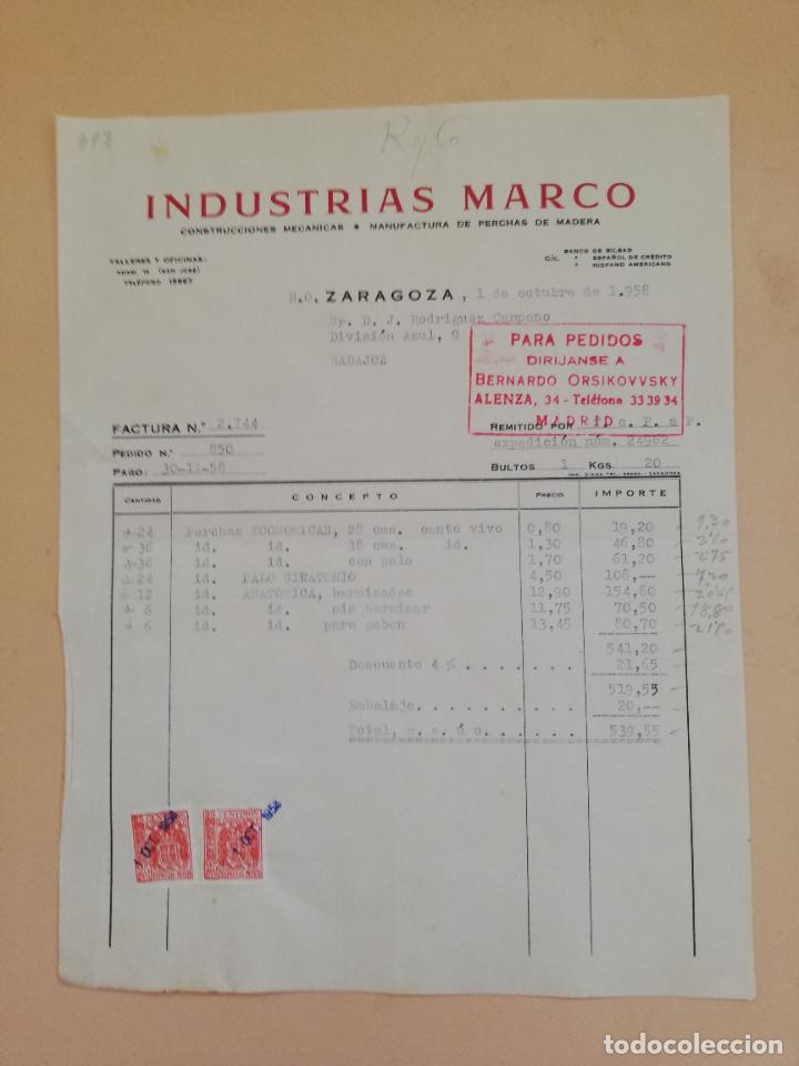 Alte Rechnungen: FACTURA. INDUSTRIAS MARCO. CONSTRUCCIONES MECANICAS. ZARAGOZA. 1958.