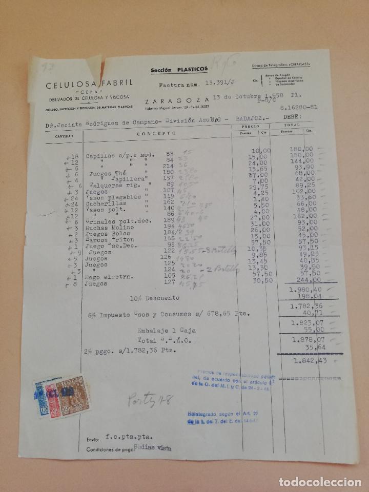 Fatture antiche: FACTURA. CELULOSA FABRIL &rdquo;CEFA&rdquo;. ZARAGOZA. 1958.