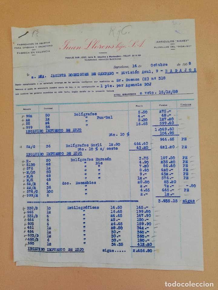Alte Rechnungen: FACTURA. FABRICACION DE OBLETOS PARA OFICINA. JUAN LLORENS HIJO S.A. BARCELONA. 1958. DOS HOJAS.