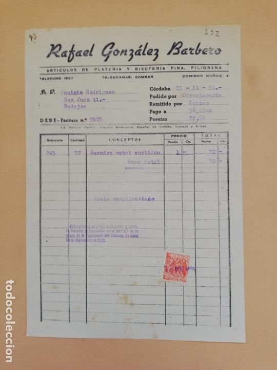 Alte Rechnungen: FACTURA. ARTICULOS DE PLATERIA Y BISUTERIA. RAFAEL GONZALEZ BARBERO. CORDOBA, 1951.