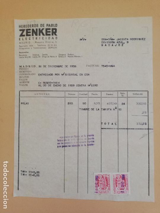 Alte Rechnungen: FACTURA. ZENKER, ELECTRICIDAD. HEREDEROS DE PABLO. MADRID, 1958.