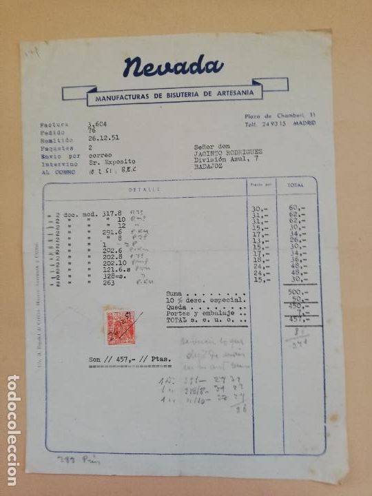 Alte Rechnungen: FACTURA. NEVADA. MANUFACTURAS DE BISUTERIA DE ARTESANIA. MADRID, 1951.