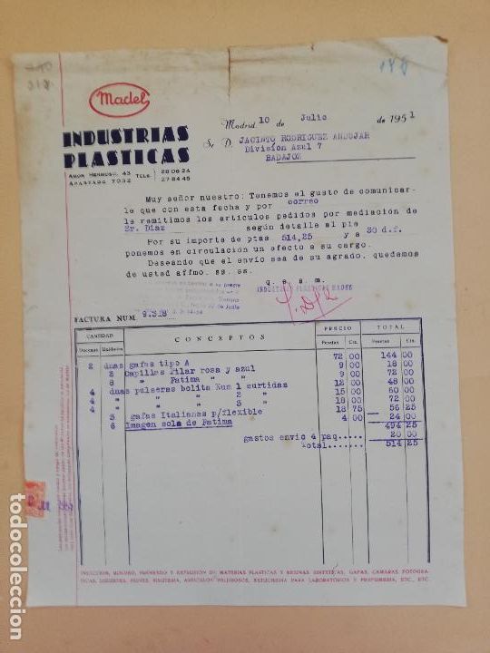 Alte Rechnungen: FACTURA. MADEL. INDUSTRIAS PLASTICAS. MADRID, 1951.