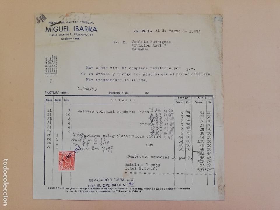 Facturas antiguas: FACTURA. FABRICA DE MALETAS COLEGIAL. MIGUEL IBARRA. VALENCIA, 1953.