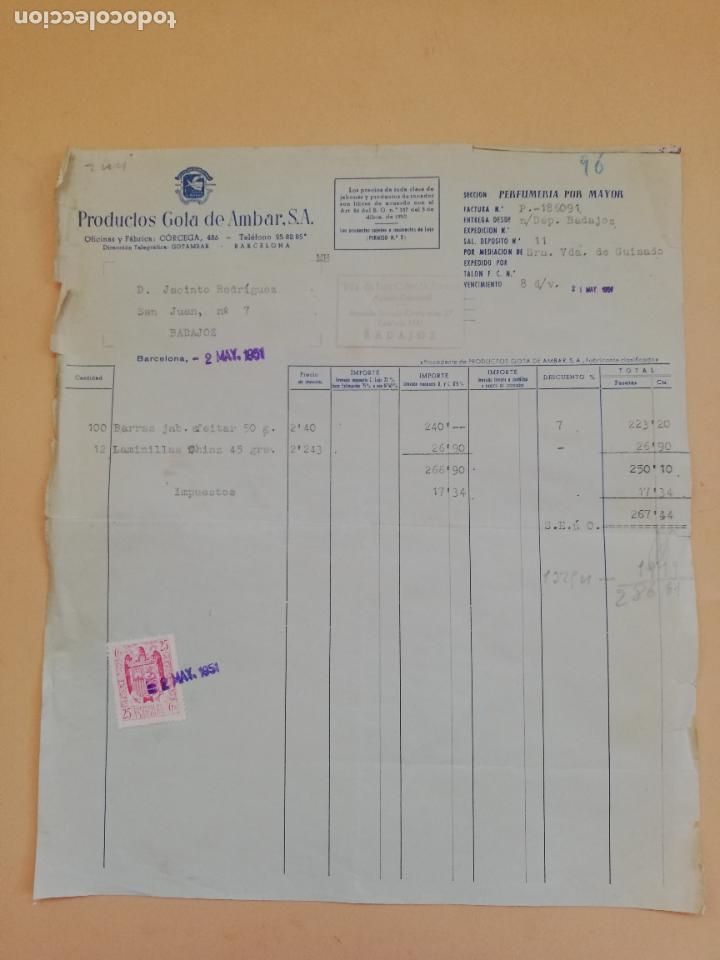 Facturas antiguas: FACTURA. PRODUCTOS GOTA DE AMBAR, S. A. BARCELONA. 1951.