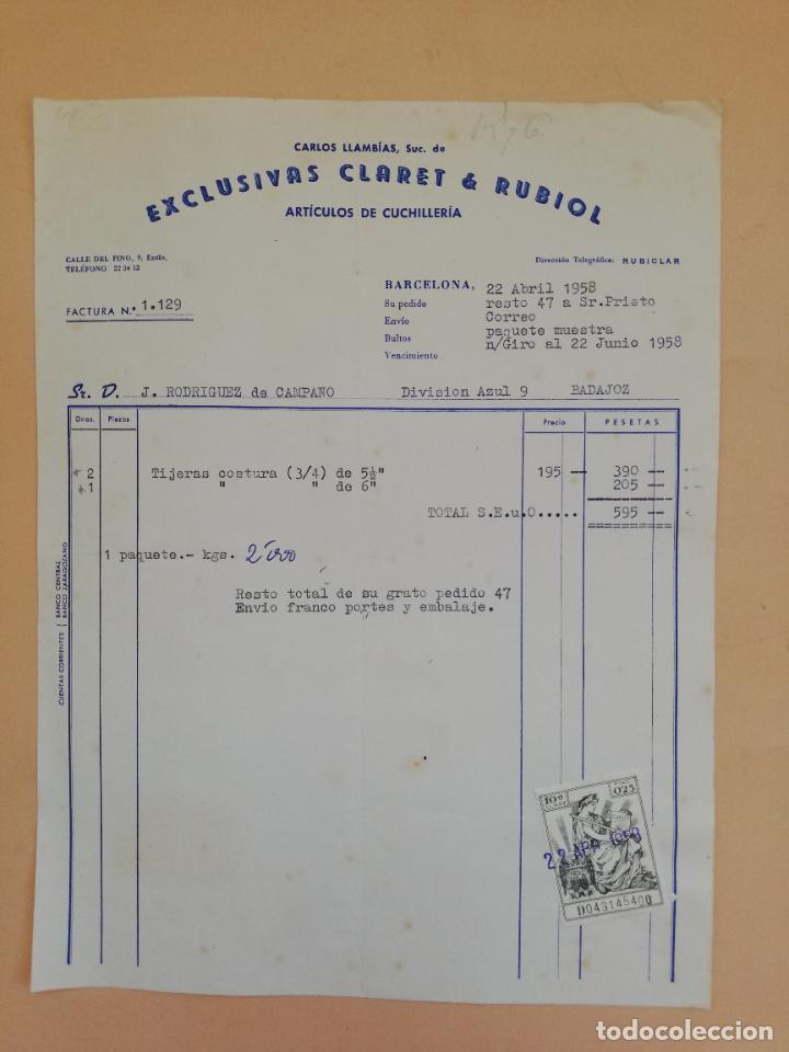 Alte Rechnungen: FACTURA. EXCLUSIVAS CLARET & RUBIOL. ARTICULOS DE CUCHILLERIA. BARCELONA. 1958.