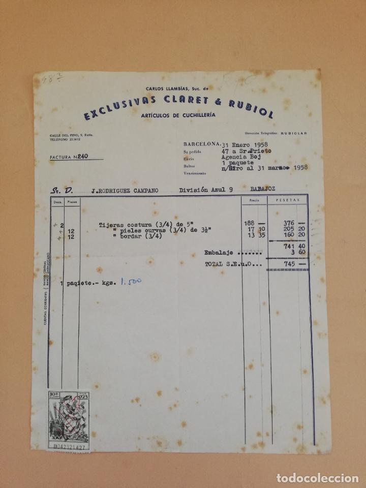 Alte Rechnungen: FACTURA. EXCLUSIVAS CLARET & RUBIOL. ARTICULOS DE CUCHILLERIA. BARCELONA. 1958.