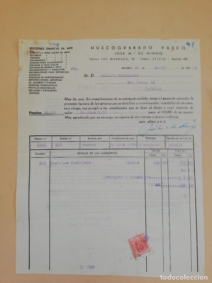 Alte Rechnungen: FACTURA. HUECOGRABADO VASCO. EDICIONES GRAFICAS DE ARTE. JOSE M&ordf; MINGO. MADRID. 1951.