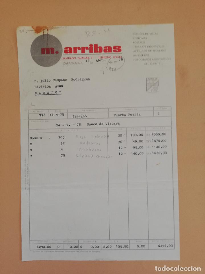 Alte Rechnungen: FACTURA. M. ARRIBAS. ALMACEN DE POSTALES ESTAMPERIA. ZARAGOZA, 1978.