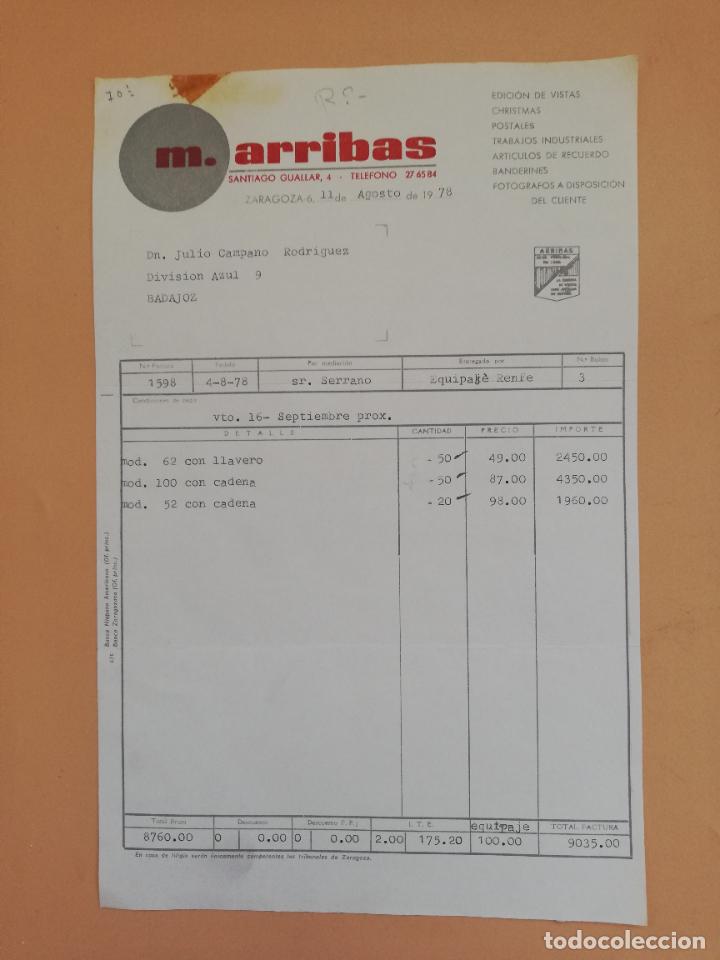 Alte Rechnungen: FACTURA. M. ARRIBAS. ALMACEN DE POSTALES ESTAMPERIA. ZARAGOZA, 1978.