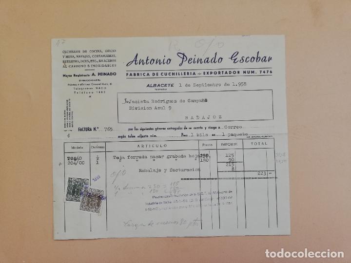 Alte Rechnungen: FACTURA. FABRICA DE CUCHILLERIA. ANTONIO PEINADO ESCOBAR. ALBACETE, 1958.