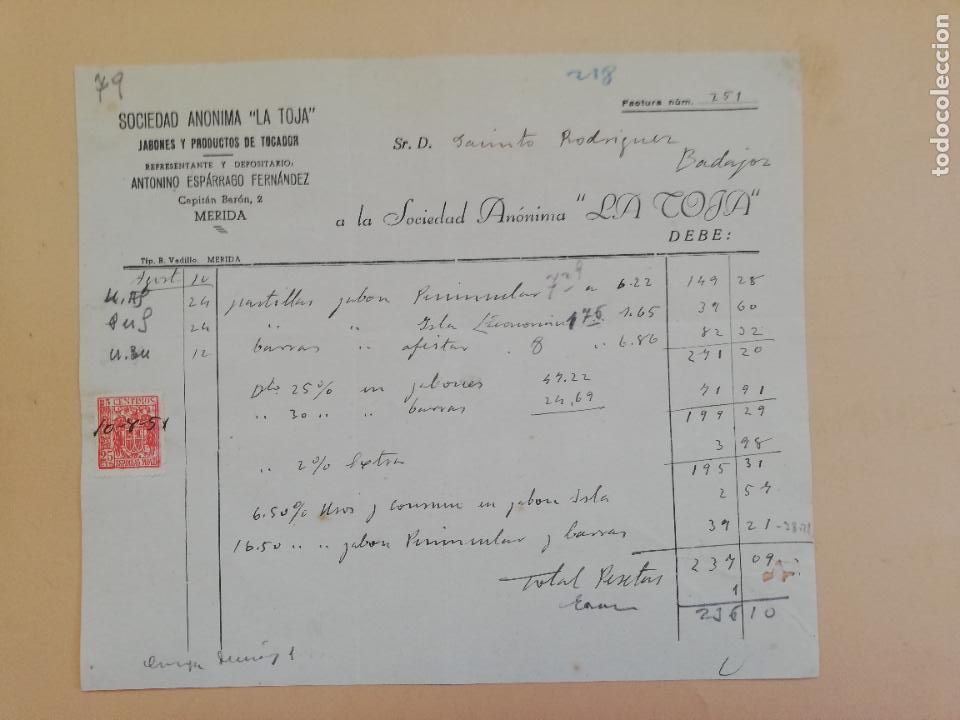 Alte Rechnungen: FACTURA. SOCIEDAD ANONIMA &rdquo; LA TOJA&rdquo;. JABONES Y PRODUCTOS DE TOCADOR. MERIDA. 1951.