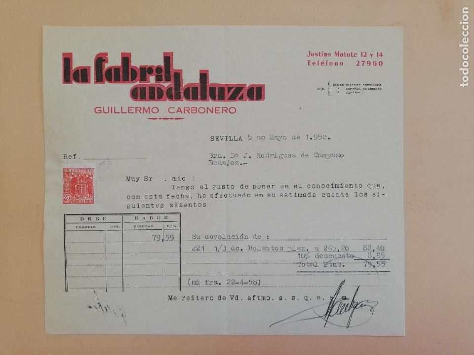 Alte Rechnungen: FACTURA. LA FABRIL ANDALUZA. GUILLERMO CARBONERO. SEVILLA. 1958.