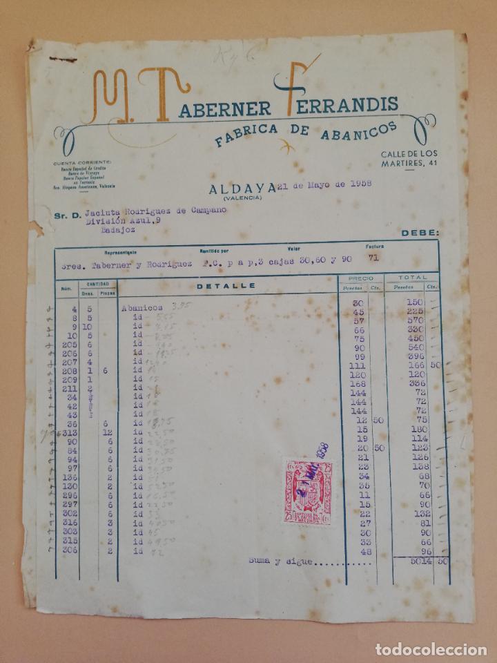 Alte Rechnungen: FACTURA. FABRICA DE ABANICOS. B. TABERNER. ALDAYA, VALENCIA, 1958. DOS HOJAS.
