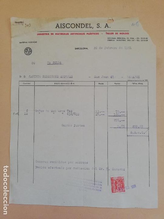Alte Rechnungen: FACTURA. INDUSTRIA DE MATERIALES ARTIFICIALES PLASTICOS. AISCONDEL, S.A. BARCELONA, 1951.