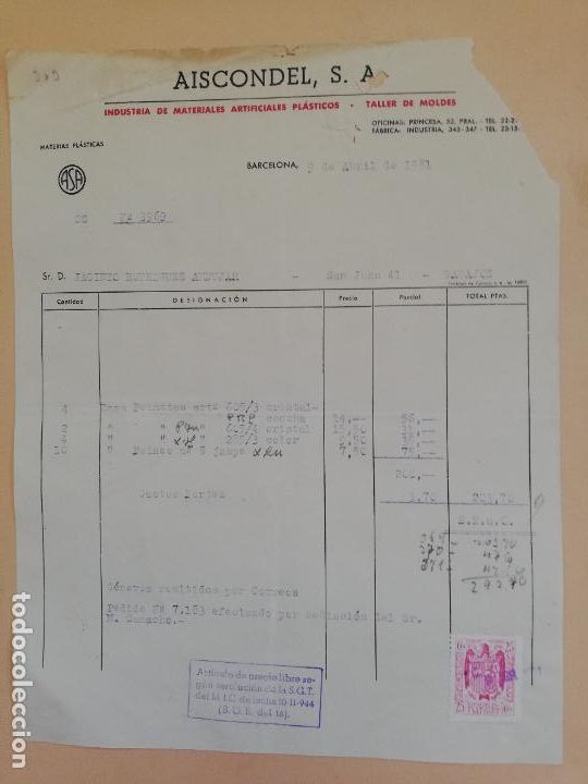 Alte Rechnungen: FACTURA. INDUSTRIA DE MATERIALES ARTIFICIALES PLASTICOS. AISCONDEL, S.A. BARCELONA, 1951.