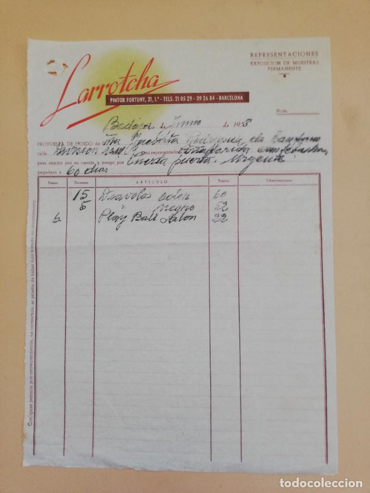 Alte Rechnungen: FACTURA. LARROTCHA. EXPOSICION DE MUESTRAS PERMANENTE. BADAJOZ. 1958.