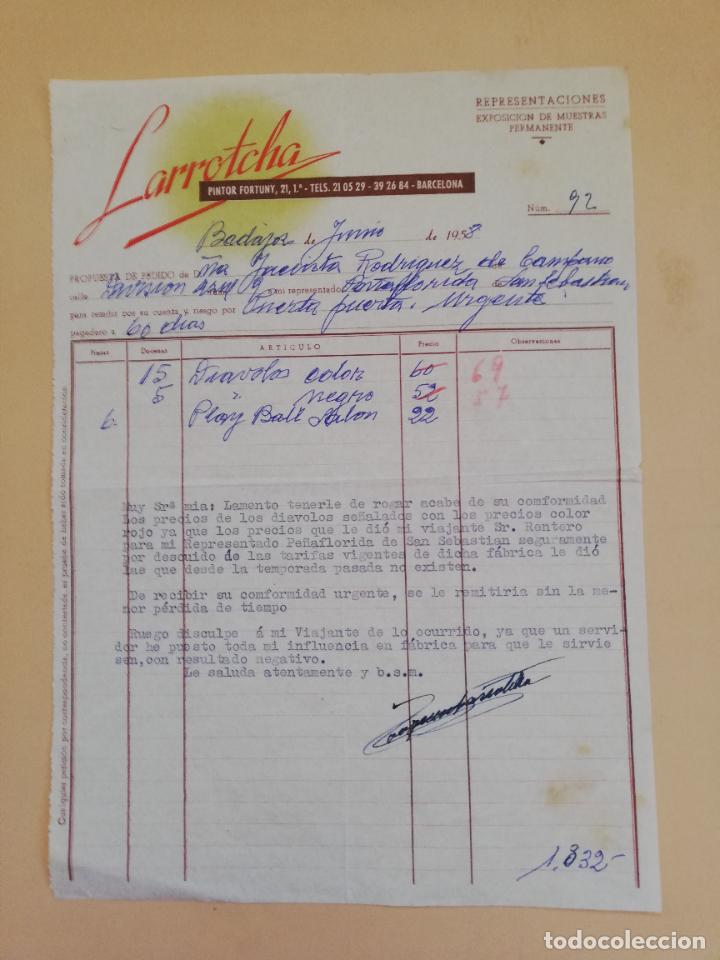 Alte Rechnungen: FACTURA. LARROTCHA. EXPOSICION DE MUESTRAS PERMANENTE. BADAJOZ. 1958.