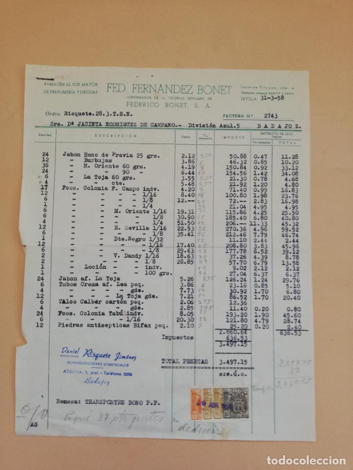 Alte Rechnungen: FACTURA. FED. FERNANDEZ BONET. ALMACEN DE PERFUMERIA Y DROGAS. SEVILLA. 1958.