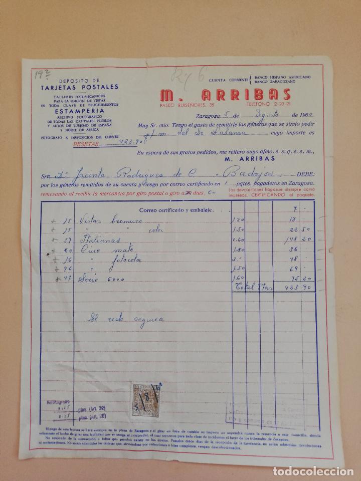 Alte Rechnungen: FACTURA. M. ARRIBAS. ALMACEN DE POSTALES ESTAMPERIA. ZARAGOZA, 1960.