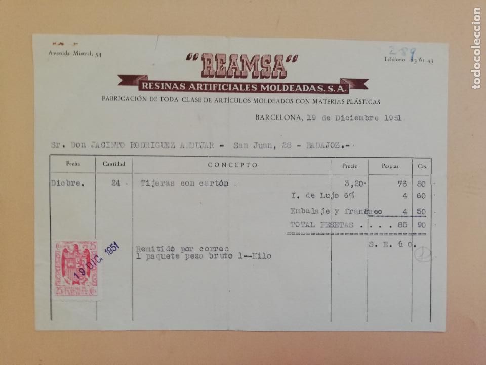 Alte Rechnungen: FACTURA. REAMSA. RESINAS ARTIFICIALES MOLDEADAS. BARCELONA, 1951.
