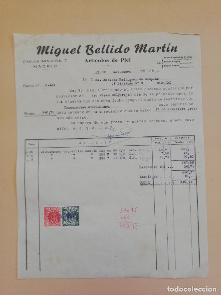 Alte Rechnungen: FACTURA. ARTICULOS DE PIEL. MIGUEL BELLIDO MARTIN. MADRID, 1958.
