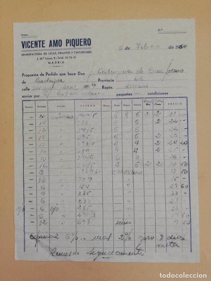 Alte Rechnungen: FACTURA. VICENTE AMO PIQUERO. MANUFACTURA DE LIGAS TIRANTES CINTURONES. MADRID, 1960.