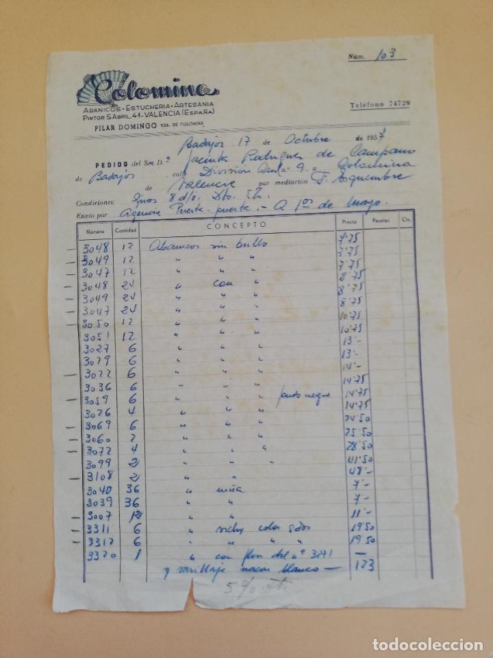 Alte Rechnungen: FACTURA. COLOMINO. ABANICOS ESTUCHERIA ARTESANIA. BADAJOZ, 1957.