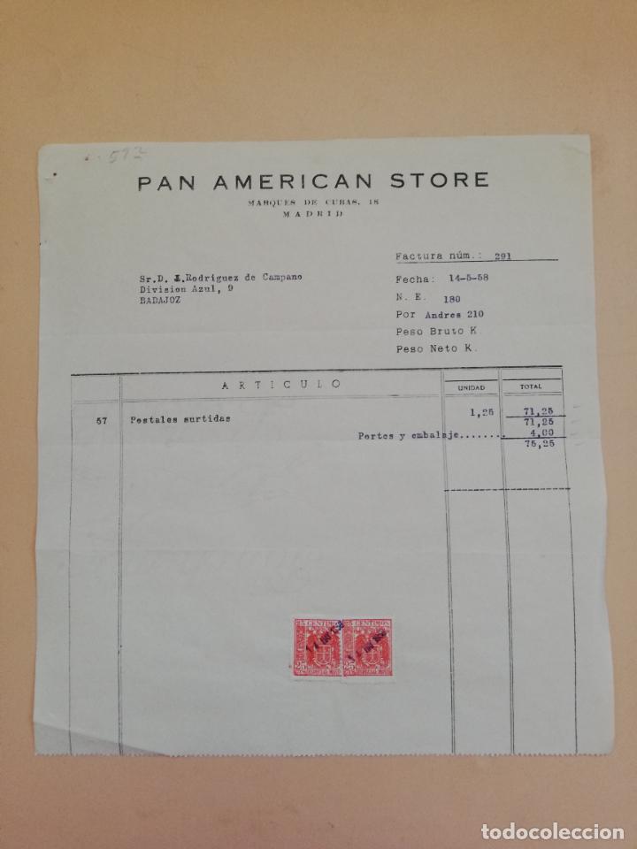 Alte Rechnungen: FACTURA. PAN AMERICAN STORE. MADRID, 1958.