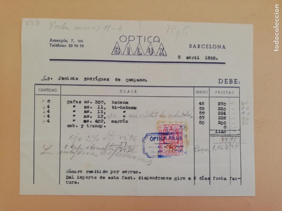 Alte Rechnungen: FACTURA. OPTICA BILUX. BARCELONA, 1958.