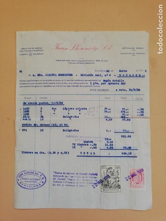 Alte Rechnungen: FACTURA. FABRICACION DE OBJETOS PARA OFICINAS Y ESCRITORIO. JUAN LLORENS HIJOS. BARCELONA, 1958.