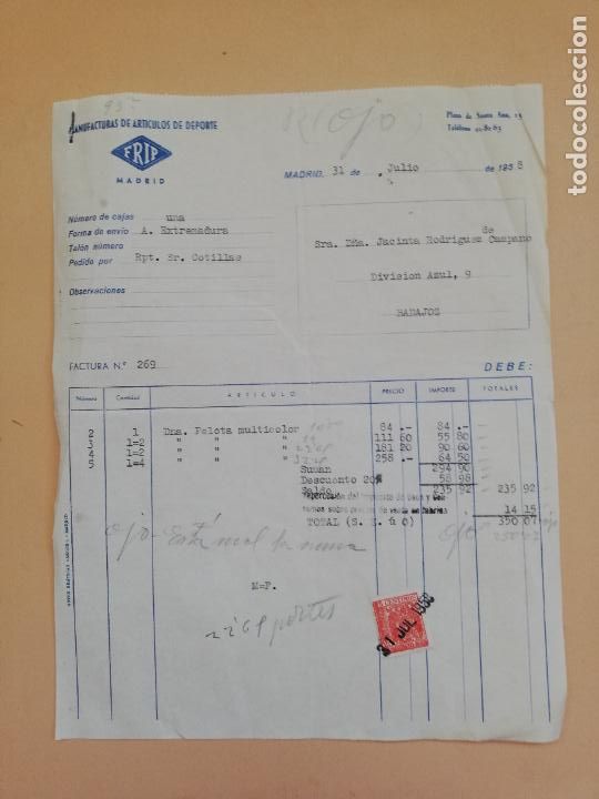 Alte Rechnungen: FACTURA. FRIP. MANUFACTURAS DE ARTICULOS DE DEPORTE. MADRID, 1958.