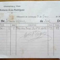 Facturas antiguas: FACTURA DE ULTRAMARINOS Y VINOS ANTONIO ARES RODRÍGUEZ. VILLANUEVA DE LORENZANA-LUGO. 1930. Lote 402215604