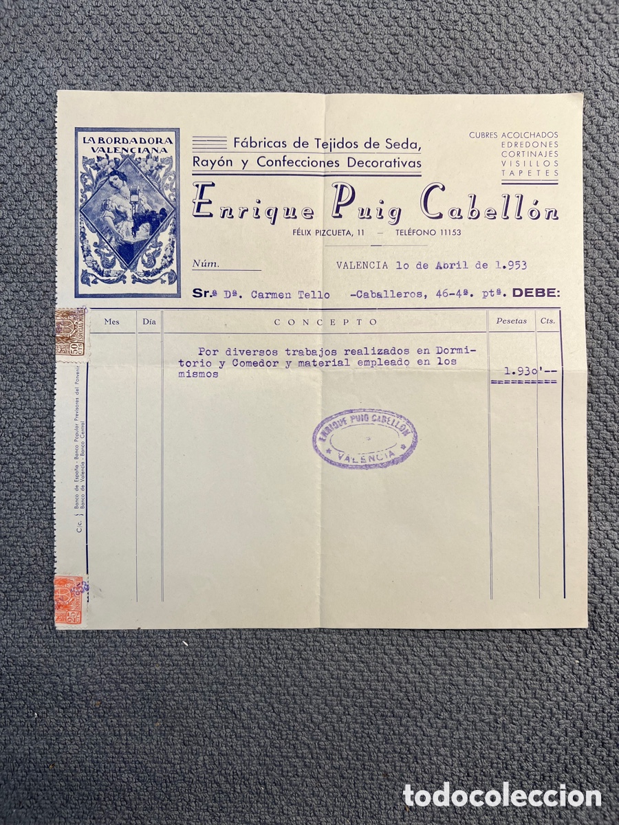 Fatture antiche: LA BORDADORA VALENCIANA. Fabrica de Tejidos de Seda, Ray&oacute;n y Confecciones Decorativas&hellip; (a.1953)