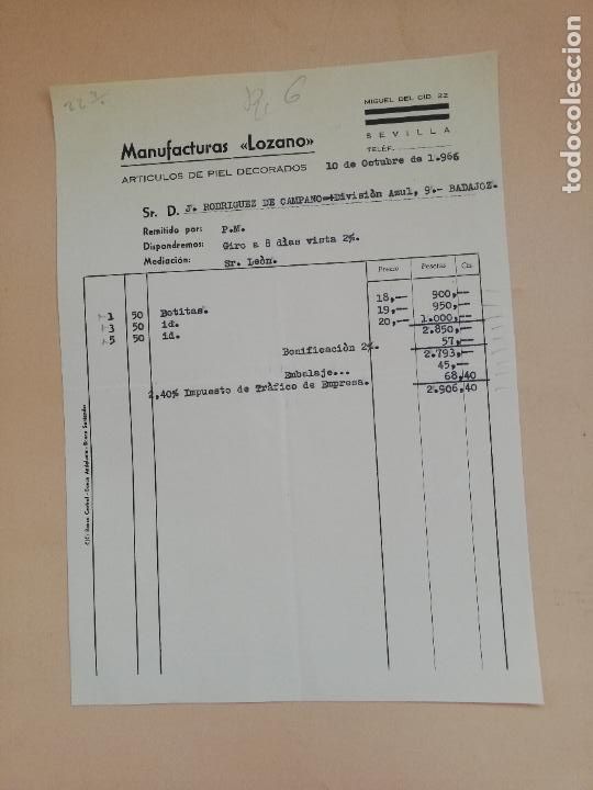 Fatture antiche: FACTURA. ARTICULOS DE PIEL DECORADOS. MANUFACTURAS LOZANO. SEVILLA, 1966.