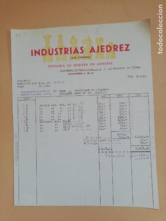 Fatture antiche: FACTURA. INDUSTRIAS AJEDREZ. JOSE FURNOLS. TORNERIA DE MADERA. SAN PEDRO DE TORELLO, BARCELONA. 1966